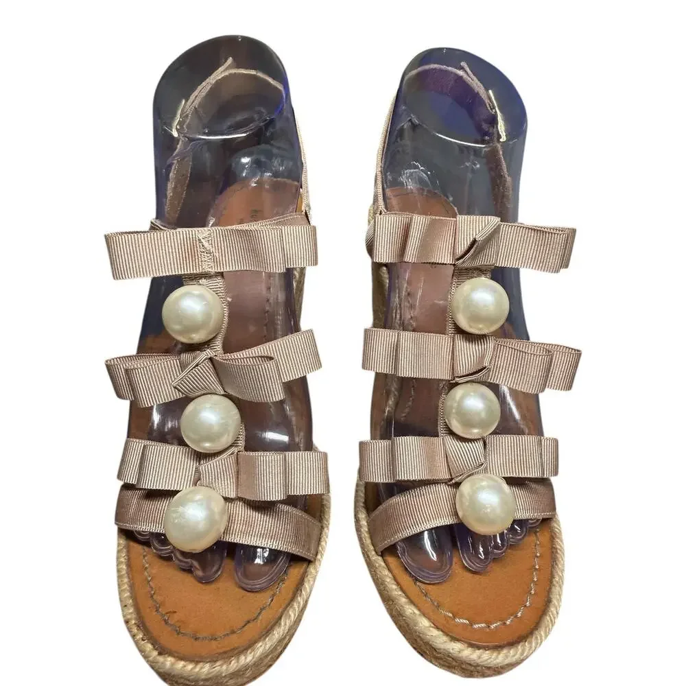 KATE SPADE Women's 7 Pearl Grosgrain Ribbon Espadrille Wedge Sandals Bow Spain